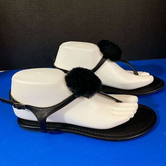 Liliana Black Faux Fur Pom Sandals - Picture 2 of 7